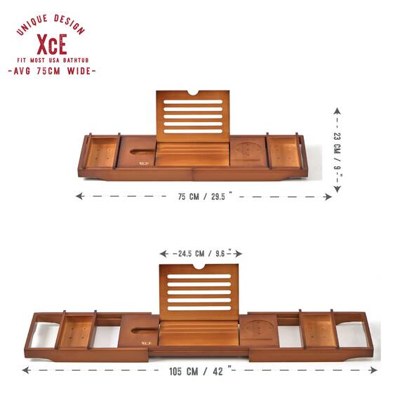 XcE Badewannen-Tablett (braun) – Bambus-Holz Badewannentablett und Badewannen-Caddy für EIN Spa zu Hause