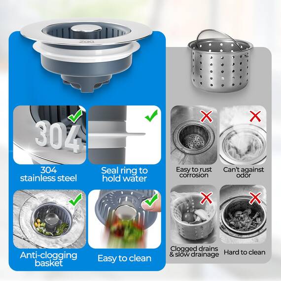 Zaa Verbessertes 3-in-1 modernes Edelstahl-Küchenspüle-Abflusssieb und Stopper mit Anti-Verstopfungskorb, passend für US-Standard-Ablaufloch, 8,9 cm, Silber