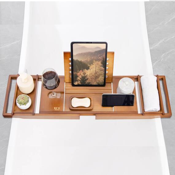 XcE Badewannen-Tablett (braun) – Bambus-Holz Badewannentablett und Badewannen-Caddy für EIN Spa zu Hause