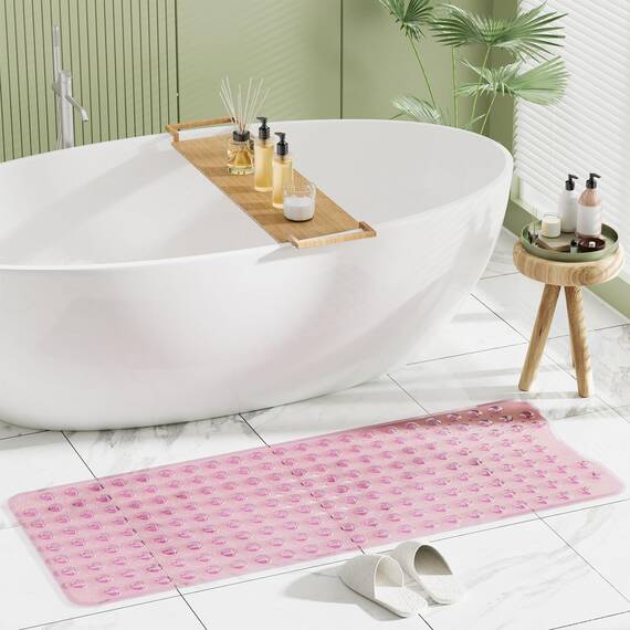 AmazerBath Duschmatte, rutschfest, 101,6 x 40,6 cm, Duschkabinenmatten mit Saugnäpfen und Abflusslöchern, rutschfeste Badematte für ältere Menschen und Kinder, transparentes Rosa
