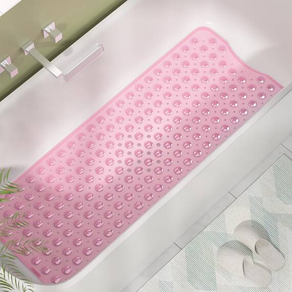 AmazerBath Duschmatte, rutschfest, 101,6 x 40,6 cm, Duschkabinenmatten mit Saugnäpfen und Abflusslöchern, rutschfeste Badematte für ältere Menschen und Kinder, transparentes Rosa