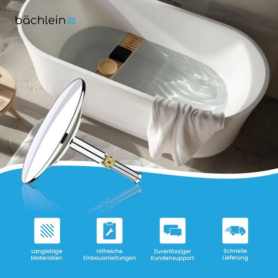 Bächlein Universal Badewannenstöpsel - ⌀ 7,2 cm Stöpsel für Badewanne [Chrom] - Abfluss-Stopfen aus Messing inkl. Ersatzdichtung - Für Fast Jede handelsübliche Badewanne