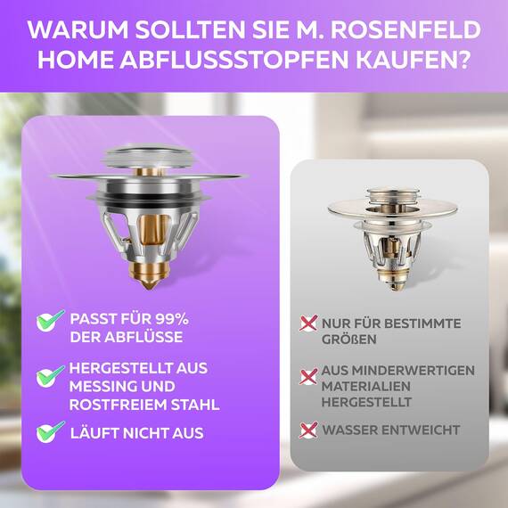 M. ROSENFELD HOME Abflussstopfen Waschbeckenstöpsel mit Sieb - Universal Waschbecken Verschluss Pop Up Abflussstöpsel aus Messing 34-38mm