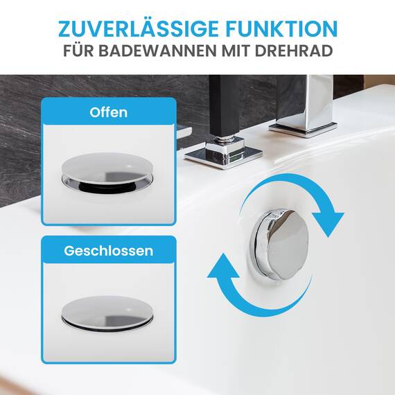 Bächlein Universal Badewannenstöpsel - ⌀ 7,2 cm Stöpsel für Badewanne [Chrom] - Abfluss-Stopfen aus Messing inkl. Ersatzdichtung - Für Fast Jede handelsübliche Badewanne