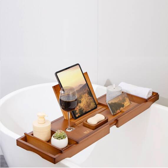 XcE Badewannen-Tablett (braun) – Bambus-Holz Badewannentablett und Badewannen-Caddy für EIN Spa zu Hause