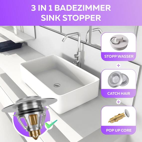 M. ROSENFELD HOME Abflussstopfen Waschbeckenstöpsel mit Sieb - Universal Waschbecken Verschluss Pop Up Abflussstöpsel aus Messing 34-38mm