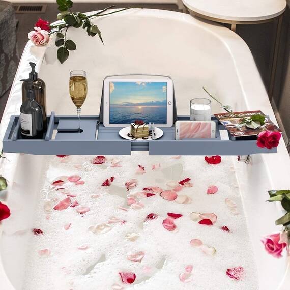 Domax Badewannenablage aus Bambus, erweiterbar, für Luxus-Badewanne, mit Buchhalter und Seifenschale