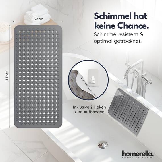 homerella® Badewannenmatte rutschfest 88x39cm, INKL. HAKEN, Rutschfeste Badematte BPA frei, Duschmatte rutschfest, Antirutschmatte Badewanne, Rutschmatte Badewanne, schimmelresistent&maschinenwaschbar