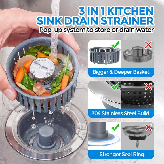 Zaa Verbessertes 3-in-1 modernes Edelstahl-Küchenspüle-Abflusssieb und Stopper mit Anti-Verstopfungskorb, passend für US-Standard-Ablaufloch, 8,9 cm, Silber