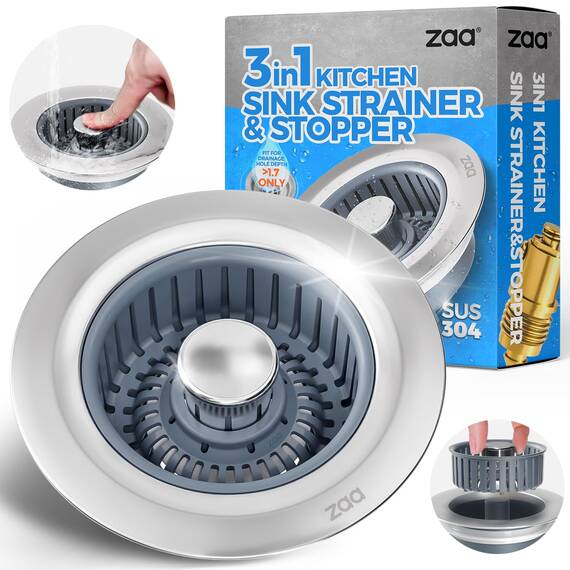 Zaa Verbessertes 3-in-1 modernes Edelstahl-Küchenspüle-Abflusssieb und Stopper mit Anti-Verstopfungskorb, passend für US-Standard-Ablaufloch, 8,9 cm, Silber