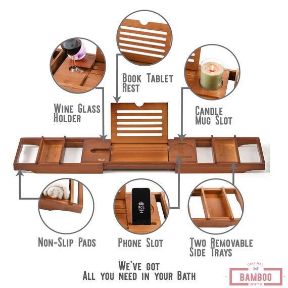 XcE Badewannen-Tablett (braun) – Bambus-Holz Badewannentablett und Badewannen-Caddy für EIN Spa zu Hause