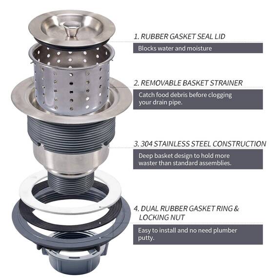 KONE 3-1/2-inch Kitchen Sink Strainer with Removable Deep Waste Basket/Strainer Assembly/Sealing Lid, Stainless Steel by K.ONE