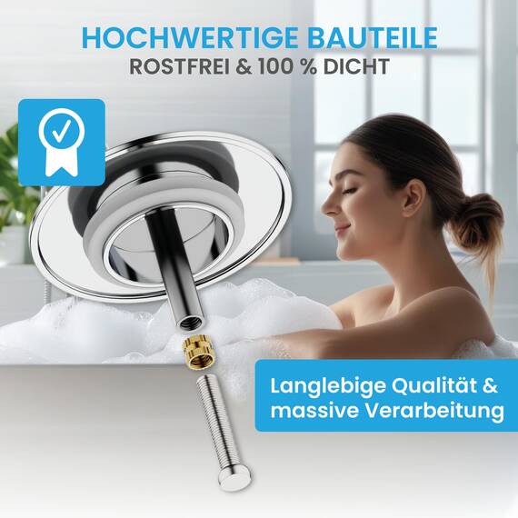 Bächlein Universal Badewannenstöpsel - ⌀ 7,2 cm Stöpsel für Badewanne [Chrom] - Abfluss-Stopfen aus Messing inkl. Ersatzdichtung - Für Fast Jede handelsübliche Badewanne