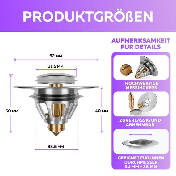M. ROSENFELD HOME Abflussstopfen Waschbeckenstöpsel mit Sieb - Universal Waschbecken Verschluss Pop Up Abflussstöpsel aus Messing 34-38mm
