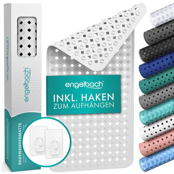 Engelbach® Badewannenmatte rutschfest Inkl. 2 Haken zum Trocknen 88x40cm - Antirutschmatte Badewanne 100% BPA-Frei - Badewanneneinlage schimmelresistent & maschinenwaschbar