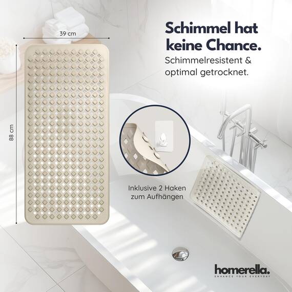 homerella® Badewannenmatte rutschfest 88x39cm, INKL. HAKEN, Rutschfeste Badematte BPA frei, Duschmatte rutschfest, Antirutschmatte Badewanne, Rutschmatte Badewanne, schimmelresistent&maschinenwaschbar