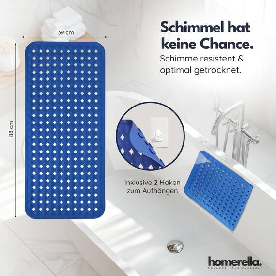 homerella® Badewannenmatte rutschfest 88x39cm, INKL. HAKEN, Rutschfeste Badematte BPA frei, Duschmatte rutschfest, Antirutschmatte Badewanne, Rutschmatte Badewanne, schimmelresistent&maschinenwaschbar