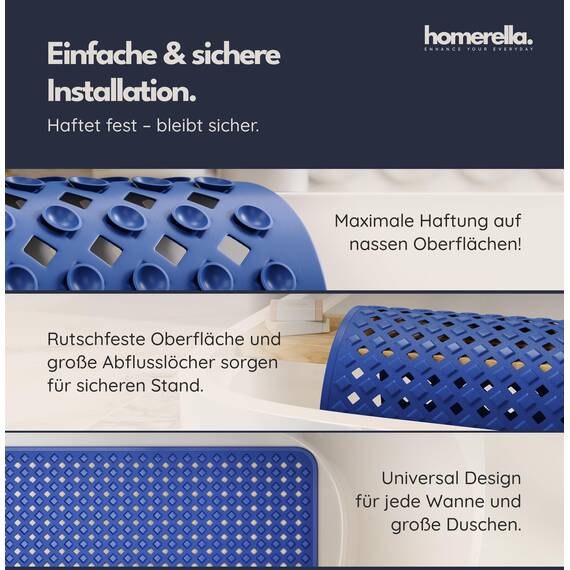 homerella® Badewannenmatte rutschfest 88x39cm, INKL. HAKEN, Rutschfeste Badematte BPA frei, Duschmatte rutschfest, Antirutschmatte Badewanne, Rutschmatte Badewanne, schimmelresistent&maschinenwaschbar