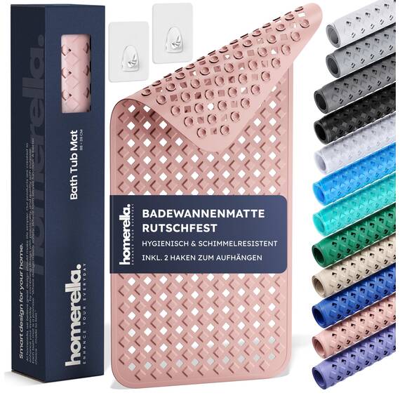 homerella® Badewannenmatte rutschfest 88x39cm, INKL. HAKEN, Rutschfeste Badematte BPA frei, Duschmatte rutschfest, Antirutschmatte Badewanne, Rutschmatte Badewanne, schimmelresistent&maschinenwaschbar