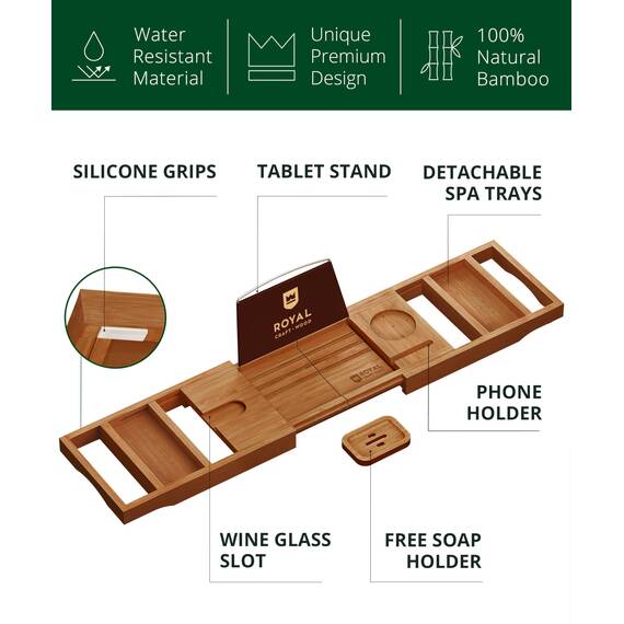 ROYAL CRAFT WOOD Badewannenablage aus Bambus, inkl. Seifenhalter, Braun