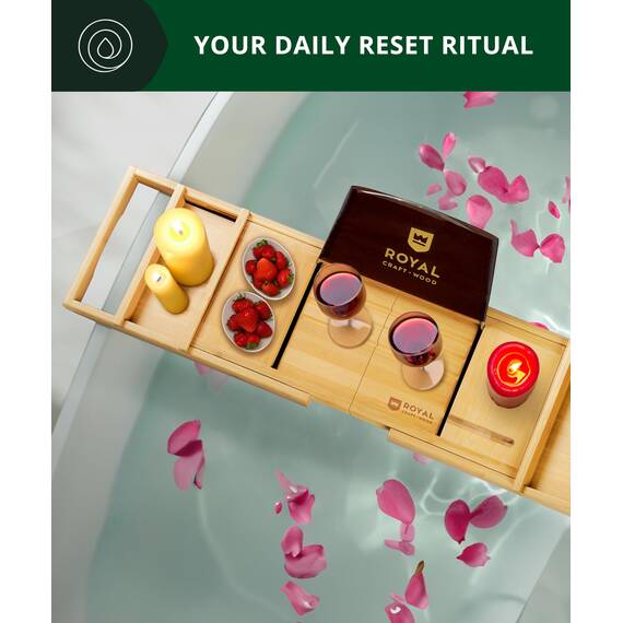 ROYAL CRAFT WOOD Premium Faltbares Badewannentablett – Holz-Badetablett für Badewanne, Bambusregal, erweiterbare Badewannentischtabletts, Badewanne & Badezimmerzubehör für neues Zuhause & Muttertag