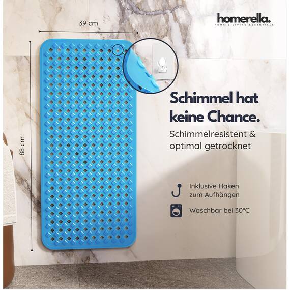 homerella® Badewannenmatte rutschfest 88x39cm, INKL. HAKEN, Rutschfeste Badematte BPA frei, Duschmatte rutschfest, Antirutschmatte Badewanne, Rutschmatte Badewanne, schimmelresistent&maschinenwaschbar