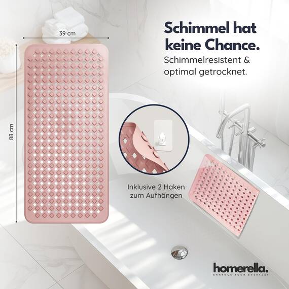 homerella® Badewannenmatte rutschfest 88x39cm, INKL. HAKEN, Rutschfeste Badematte BPA frei, Duschmatte rutschfest, Antirutschmatte Badewanne, Rutschmatte Badewanne, schimmelresistent&maschinenwaschbar