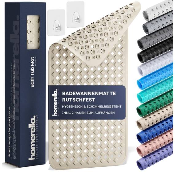 homerella® Badewannenmatte rutschfest 88x39cm, INKL. HAKEN, Rutschfeste Badematte BPA frei, Duschmatte rutschfest, Antirutschmatte Badewanne, Rutschmatte Badewanne, schimmelresistent&maschinenwaschbar