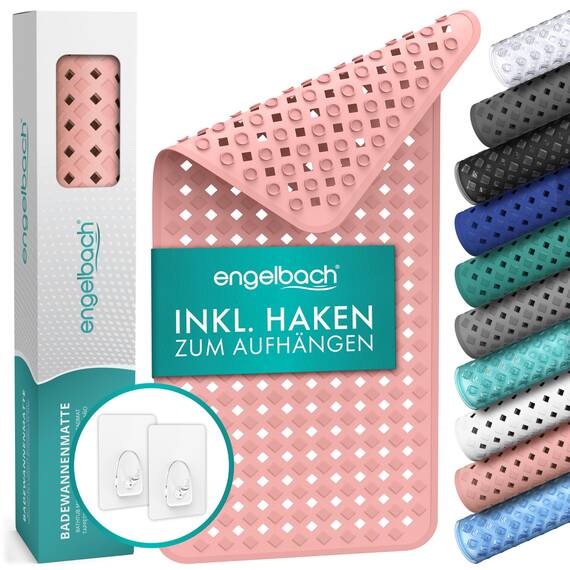 Engelbach® Badewannenmatte Inkl. 2 Haken zum Trocknen 88x40cm - Rutschmatte Badewanne 100% BPA-Frei - Wanneneinlage schimmelresistent & maschinenwaschbar