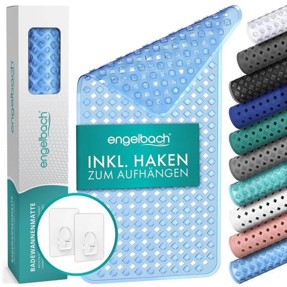 Engelbach® Badewannenmatte rutschfest Inkl. 2 Haken zum Trocknen 88x40cm - Badewanne Antirutschmatte 100% BPA-Frei - Badewanneneinlage schimmelresistent & maschinenwaschbar