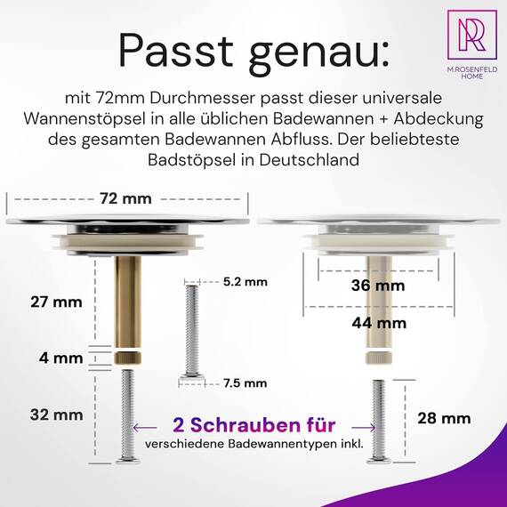 M. ROSENFELD HOME 2X Badewannenstöpsel Universal Ø 72 Premium - Stöpsel Badewanne Chrom aus Messing mit Doppel Dichtung - Rostfrei Badewannen Stöpsel Verschluss Badezimmer zubehör
