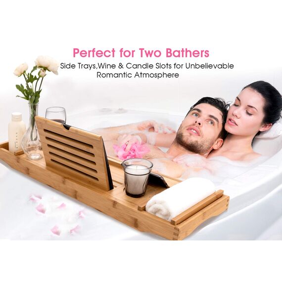 Badewannenablage aus Bambus mit ausziehbaren Seiten, Handy-iPad-Tablett und Weinglas-Halter, gratis Seifenhalter