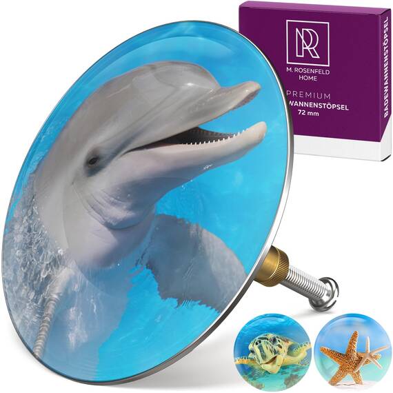 M. ROSENFELD HOME Badewannenstöpsel mit Motiv Delfin - Delphin - Stöpsel Badewanne 72mm Universal Badewannenstöpsel aus Messing mit Doppel Dichtung