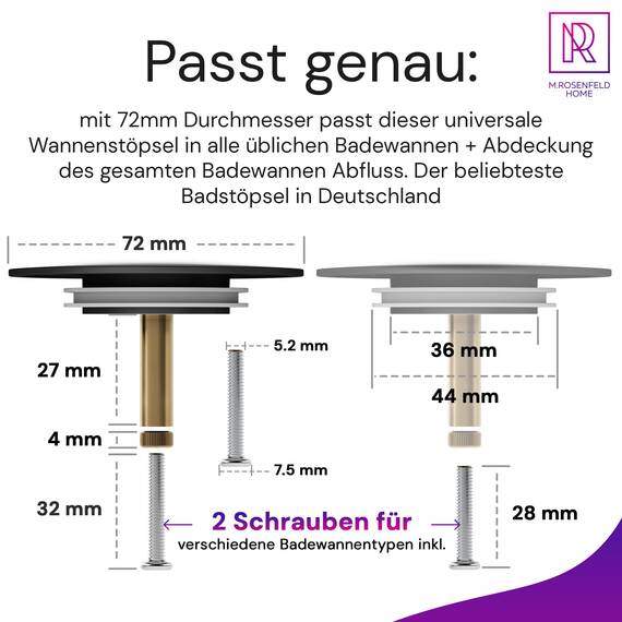 M. ROSENFELD HOME Schwarz Badewannenstöpsel Ø 72 - Matt Schwarz Stöpsel Badewanne Schwarz aus Messing mit Doppel Dichtung - Rostfrei Badewannen Stöpsel Verschluss Badezimmer zubehör