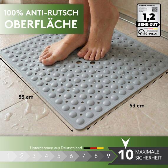 SilverRack Duschmatte rutschfest 53x53 cm (Grau) - Antirutschmatte für Kinder - Badematte, maschinenwaschbar und schimmelresistent