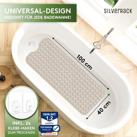 SilverRack Badewannenmatte 100x40 cm (Beige) - Antirutschmatte Badewanne BPA frei für Kinder und Babys - Duschmatte schimmelresistent & maschinenwaschbar - Badematte rutschfest