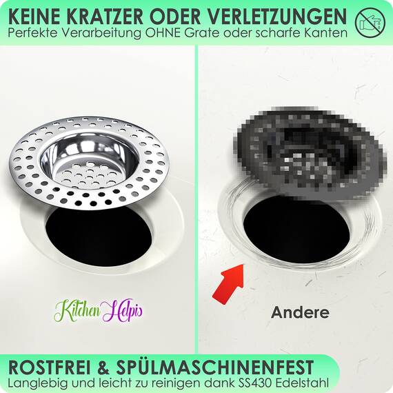 Kitchen Helpis® 4X Abflusssieb für ALLE ABFLÜSSE geeignet, extra schwer -14g-, kein Hochschwemmen, aus rostfreiem SS304 Edelstahl, schnell ablaufend, Sieb für Spülbecken oder Haarsieb für Dusche
