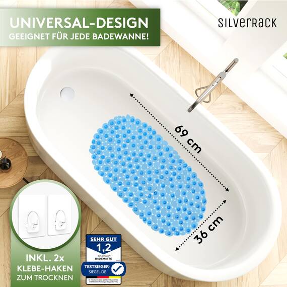 SilverRack Badewannenmatte 69x36 cm (Blau Kiesel Steinoptik) Antirutschmatte Badewanne BPA frei - Duschmatte schimmelresistent & maschinenwaschbar - Badematte rutschfest