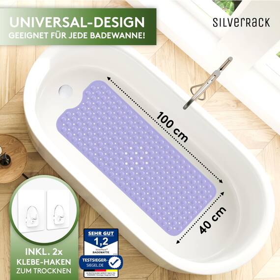 SilverRack Badewannenmatte 100x40 cm (Lavendel) - Antirutschmatte Badewanne BPA frei für Kinder und Babys - Duschmatte schimmelresistent & maschinenwaschbar - Badematte rutschfest
