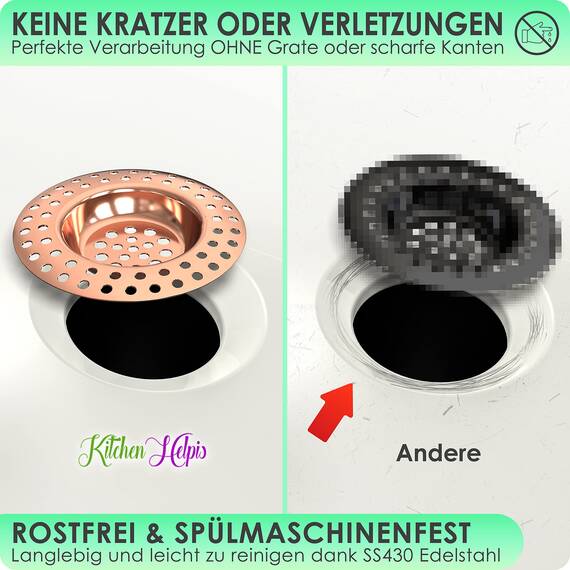 Kitchen Helpis® 2X Abflusssieb kupferfarben für ALLE ABFLÜSSE geeignet, extra schwer -14g-, kein Hochschwemmen, aus rostfreiem SS304 Edelstahl, schnell ablaufend, Sieb für Spülbecken oder Haarsieb