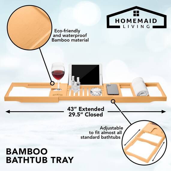 Homemaid Living Bamboo Bathtub Tray - Expandable Bathroom Bathtub Table Tray with Reading Rack or Tablet Holder - Bath Tray with Wine Glass Holder, Bathroom Caddy, Fits All Bathtubs (Natural Bamboo)