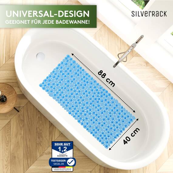 SilverRack Badewannenmatte 88x40 cm (blau Kiesel Steinoptik) Antirutschmatte Badewanne BPA frei - Duschmatte schimmelresistent & maschinenwaschbar - Badematte rutschfest
