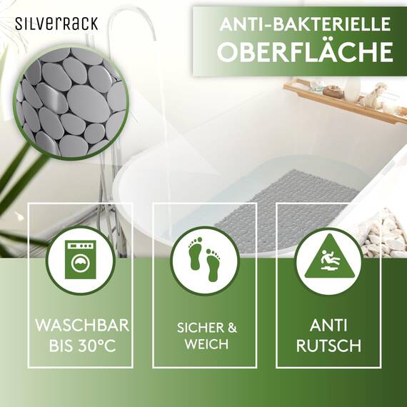 SilverRack Badewannenmatte 88x40 cm (Grau Kiesel Steinoptik) Antirutschmatte Badewanne BPA frei - Duschmatte schimmelresistent & maschinenwaschbar - Badematte rutschfest
