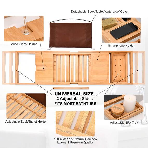 Homemaid Living Bamboo Bathtub Tray - Expandable Bathroom Bathtub Table Tray with Reading Rack or Tablet Holder - Bath Tray with Wine Glass Holder, Bathroom Caddy, Fits All Bathtubs (Natural Bamboo)
