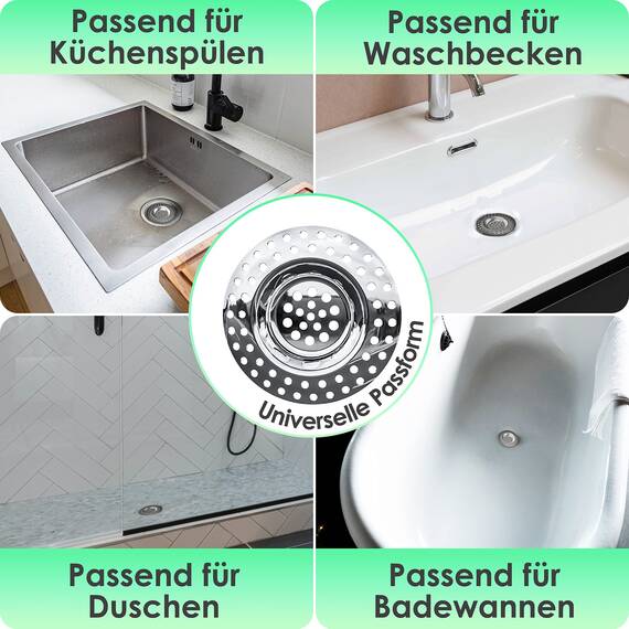 Kitchen Helpis® 8X Abflusssieb für ALLE ABFLÜSSE geeignet, extra schwer -14g-, kein Hochschwemmen, aus rostfreiem SS304 Edelstahl, schnell ablaufend, Sieb für Spülbecken oder Haarsieb für Dusche