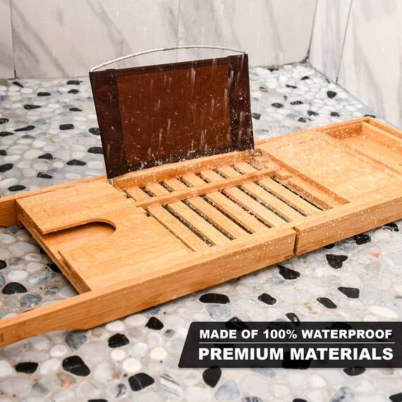 Homemaid Living Bamboo Bathtub Tray - Expandable Bathroom Bathtub Table Tray with Reading Rack or Tablet Holder - Bath Tray with Wine Glass Holder, Bathroom Caddy, Fits All Bathtubs (Natural Bamboo)