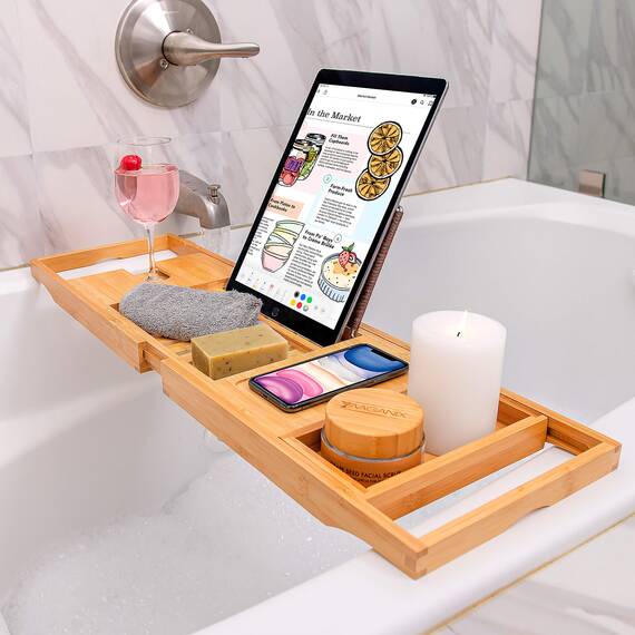 Homemaid Living Bamboo Bathtub Tray - Expandable Bathroom Bathtub Table Tray with Reading Rack or Tablet Holder - Bath Tray with Wine Glass Holder, Bathroom Caddy, Fits All Bathtubs (Natural Bamboo)