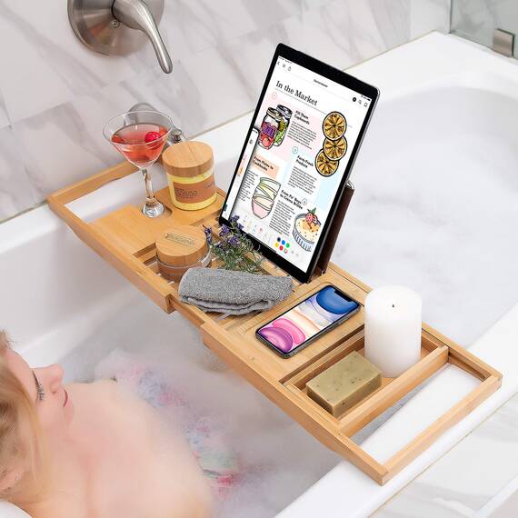 Homemaid Living Bamboo Bathtub Tray - Expandable Bathroom Bathtub Table Tray with Reading Rack or Tablet Holder - Bath Tray with Wine Glass Holder, Bathroom Caddy, Fits All Bathtubs (Natural Bamboo)