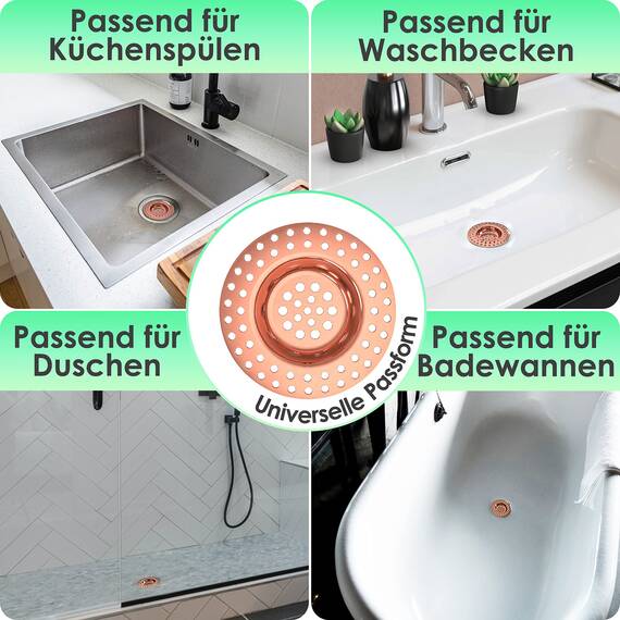 Kitchen Helpis® 2X Abflusssieb kupferfarben für ALLE ABFLÜSSE geeignet, extra schwer -14g-, kein Hochschwemmen, aus rostfreiem SS304 Edelstahl, schnell ablaufend, Sieb für Spülbecken oder Haarsieb