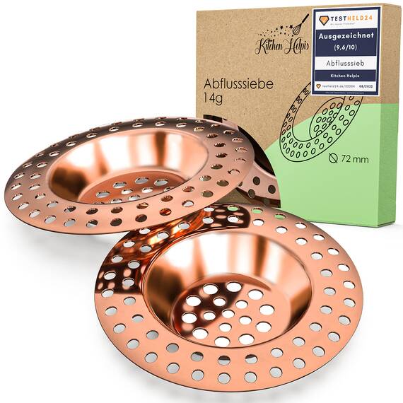 Kitchen Helpis® 2X Abflusssieb kupferfarben für ALLE ABFLÜSSE geeignet, extra schwer -14g-, kein Hochschwemmen, aus rostfreiem SS304 Edelstahl, schnell ablaufend, Sieb für Spülbecken oder Haarsieb